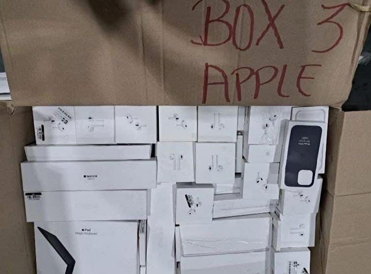 Amazon Electronics Mystery Box Pallet – 10 Boxes Wholesale Liquidation for Resale ($500) 2 Box labeled 'Apple' with products